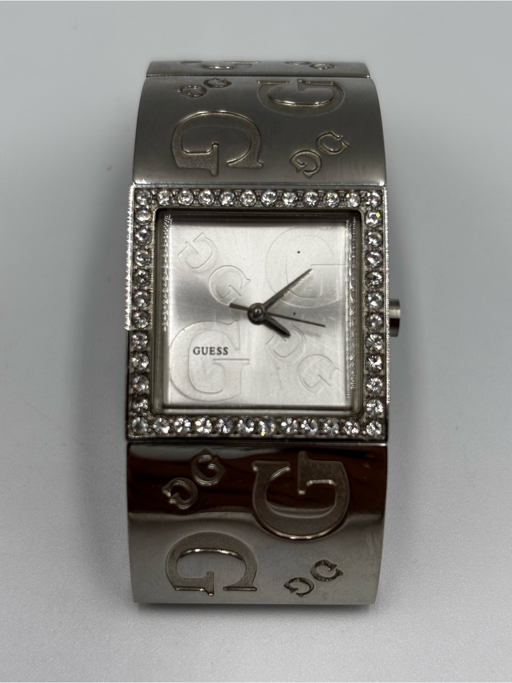 GUESS Womens Cuff Watch w/ Crystals, Silver Logo Dial, Wide Stainless Steel Band
